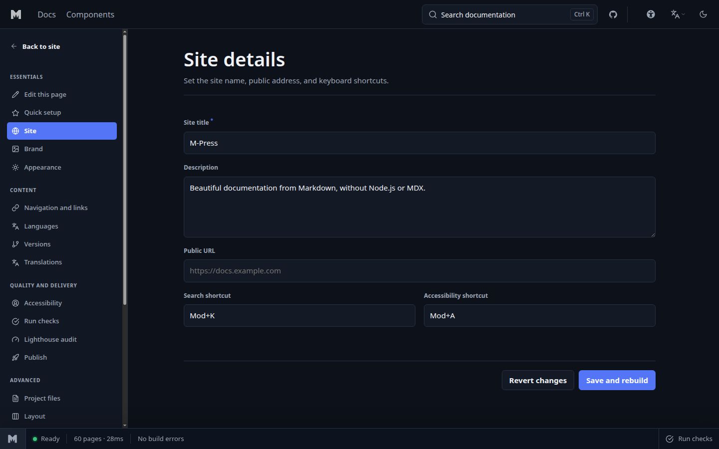 The structured M-Press configuration editor in development mode