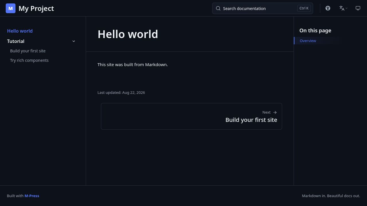 A generated Hello world documentation site