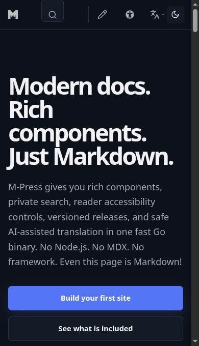 The actual M-Press homepage displayed in a 390-pixel-wide mobile browser viewport