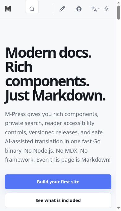 The actual M-Press homepage displayed in a 390-pixel-wide mobile browser viewport