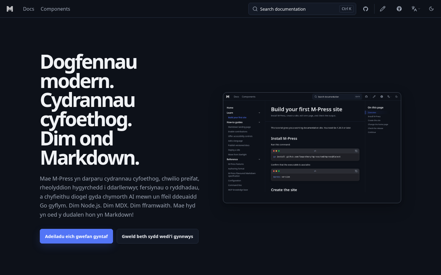 The Cymraeg translation of an M-Press documentation site with language and version controls