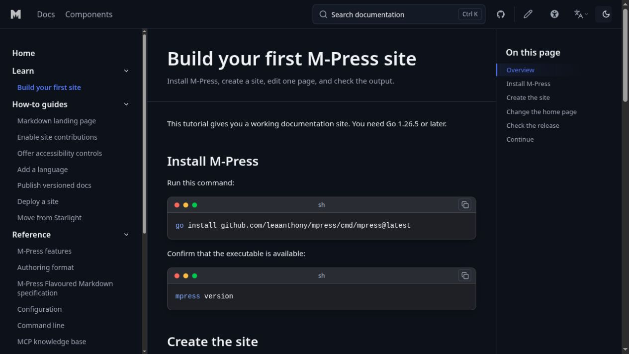 The M-Press first-site tutorial in the browser