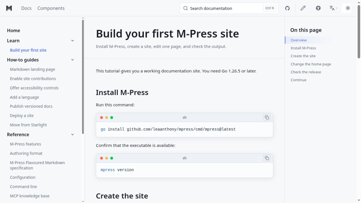 The M-Press first-site tutorial in the browser